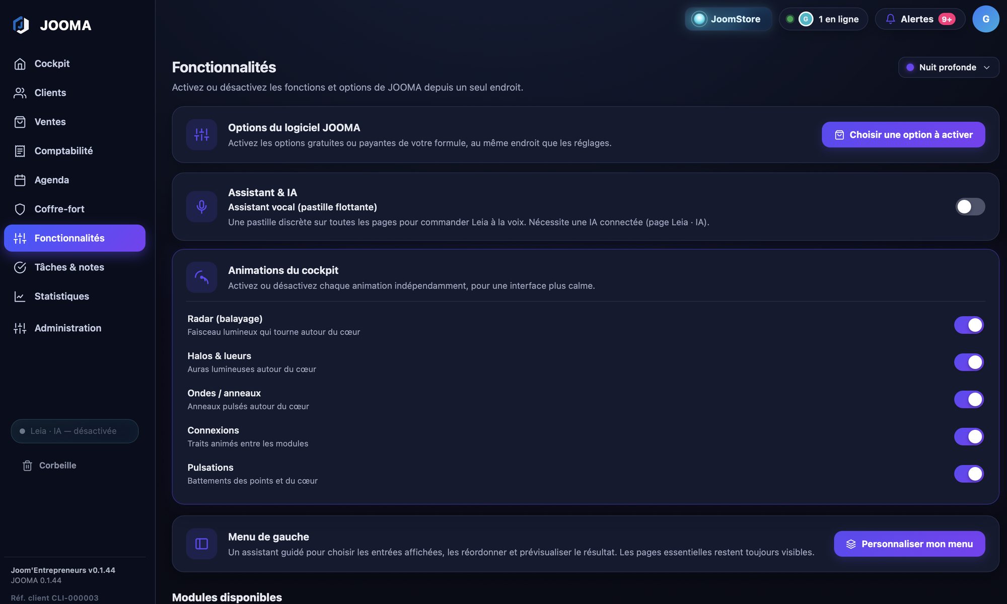 Page Fonctionnalités de JOOMA — options et animations réglables